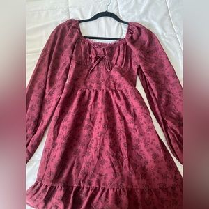 Burgundy Floral Long Sleeve Mini Dress, XS